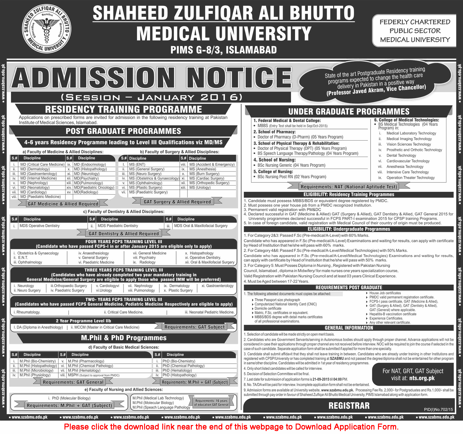 Shaheed Zulfiqar Ali Bhutto Medical University Islamabad Admissions